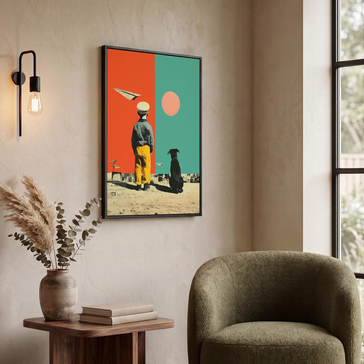 LEINWAND Bilder mit Rahmen - Retro - Junge - Hund - Rot - Grün - 60x80 - Orange, Textil (60/80cm) - MuchoWow
