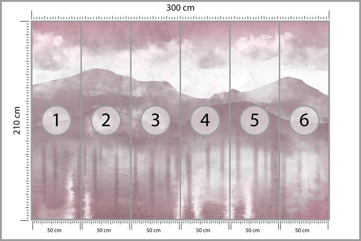 FOTOTAPETE Neblige violette Landschaft Berge 300x210 - Violett/Rosa, Papier (300/210cm) - Muralo