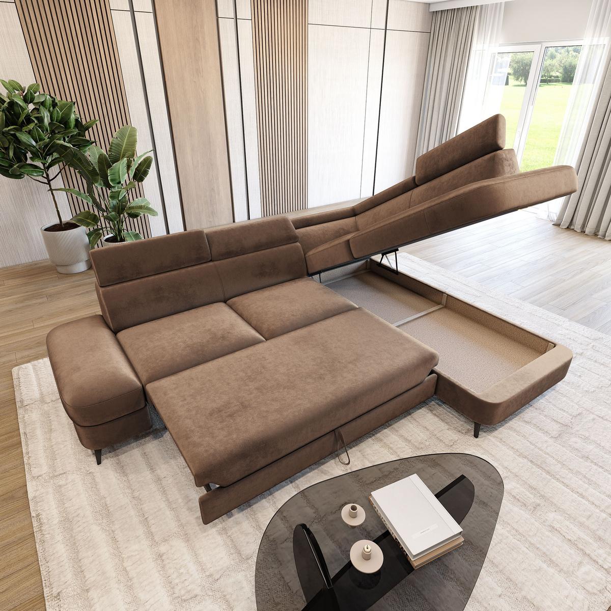 ECKSOFA AVISE M R-S Beige Velours-Stoff mit Schlaffunktion - Beige, Holzwerkstoff/Textil (268/195cm) - MASSENO