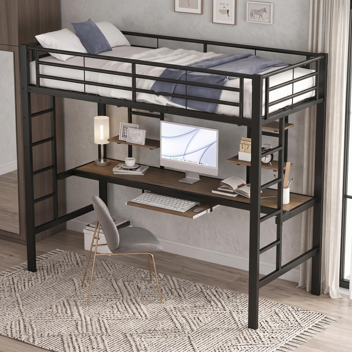 HOCHBETT metall schwarz 90x200cm mit schreibtisch regalen - Schwarz, Metall (90/200cm) - Urban Meuble