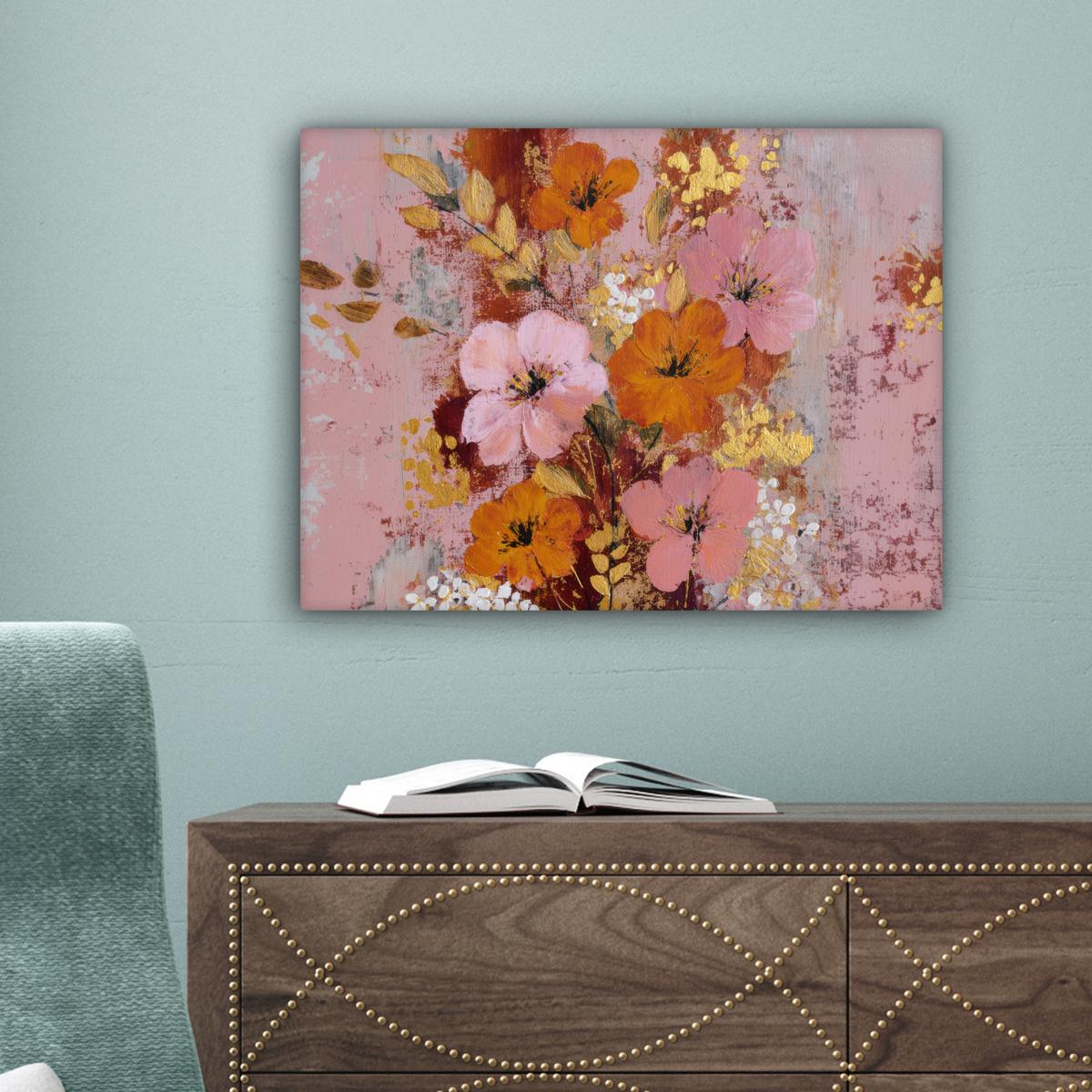 LEINWANDBILD Malerei - Blumen - Rustikal - Rosa Wandbild 40x30 cm - Altrosa, Textil (40/30cm) - MuchoWow