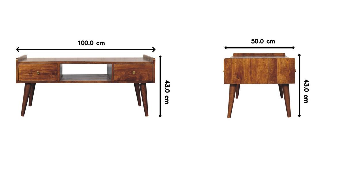 TV-EINHEIT Massivholz Erhöhtes Kastanienbraun, 2 Schubladen und Offenes Fach, Dunkelbraun - Dunkelbraun/Messingfarben, Mangoholz/Holz (100/43/50cm) - Artisan Furniture