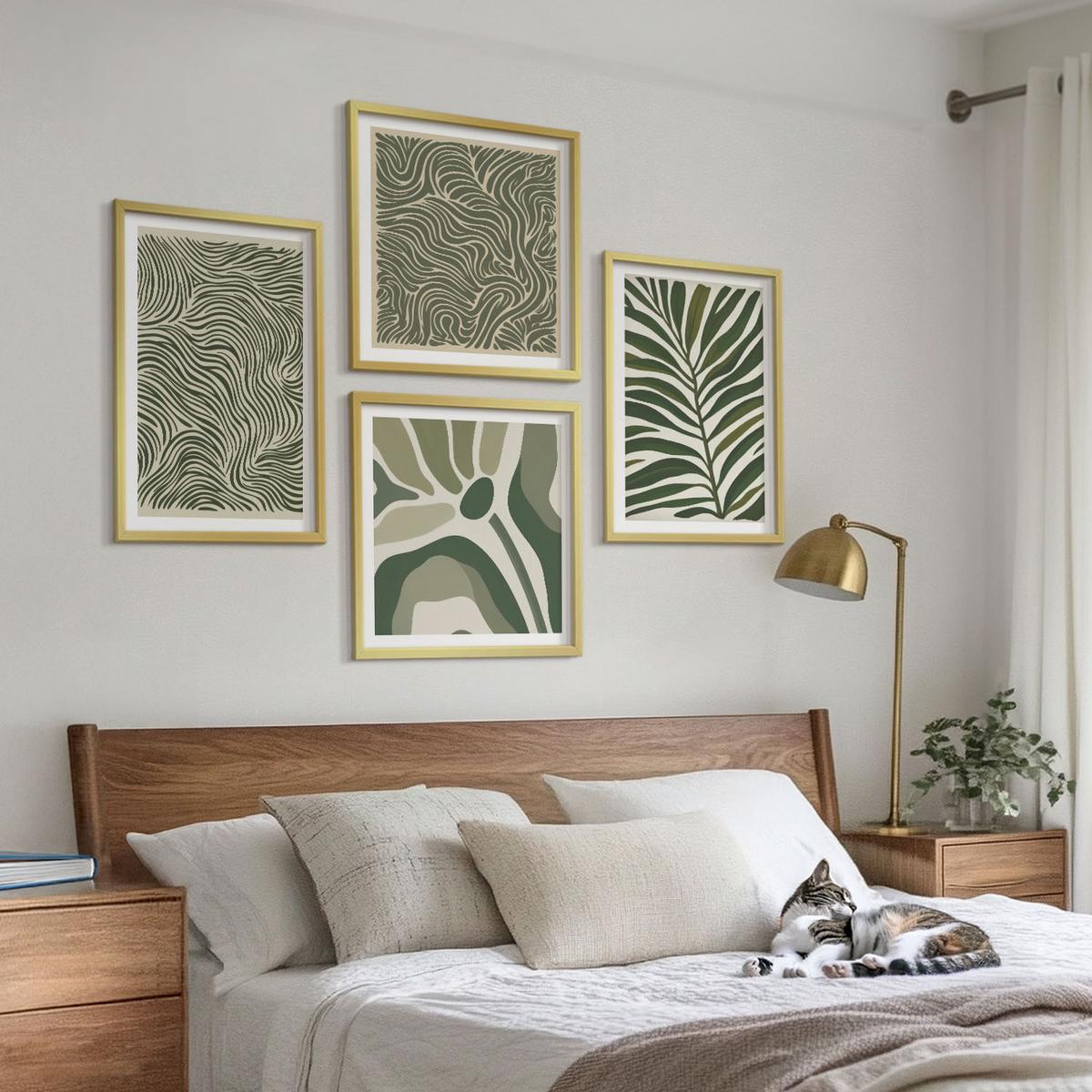 BILDER SET 4er Set - 50x50 cm & 40x60 cm Goldrahmen - Blattmuster und wellenförmige Formen - Goldfarben, Kunststoff (50/50cm) - TULUP