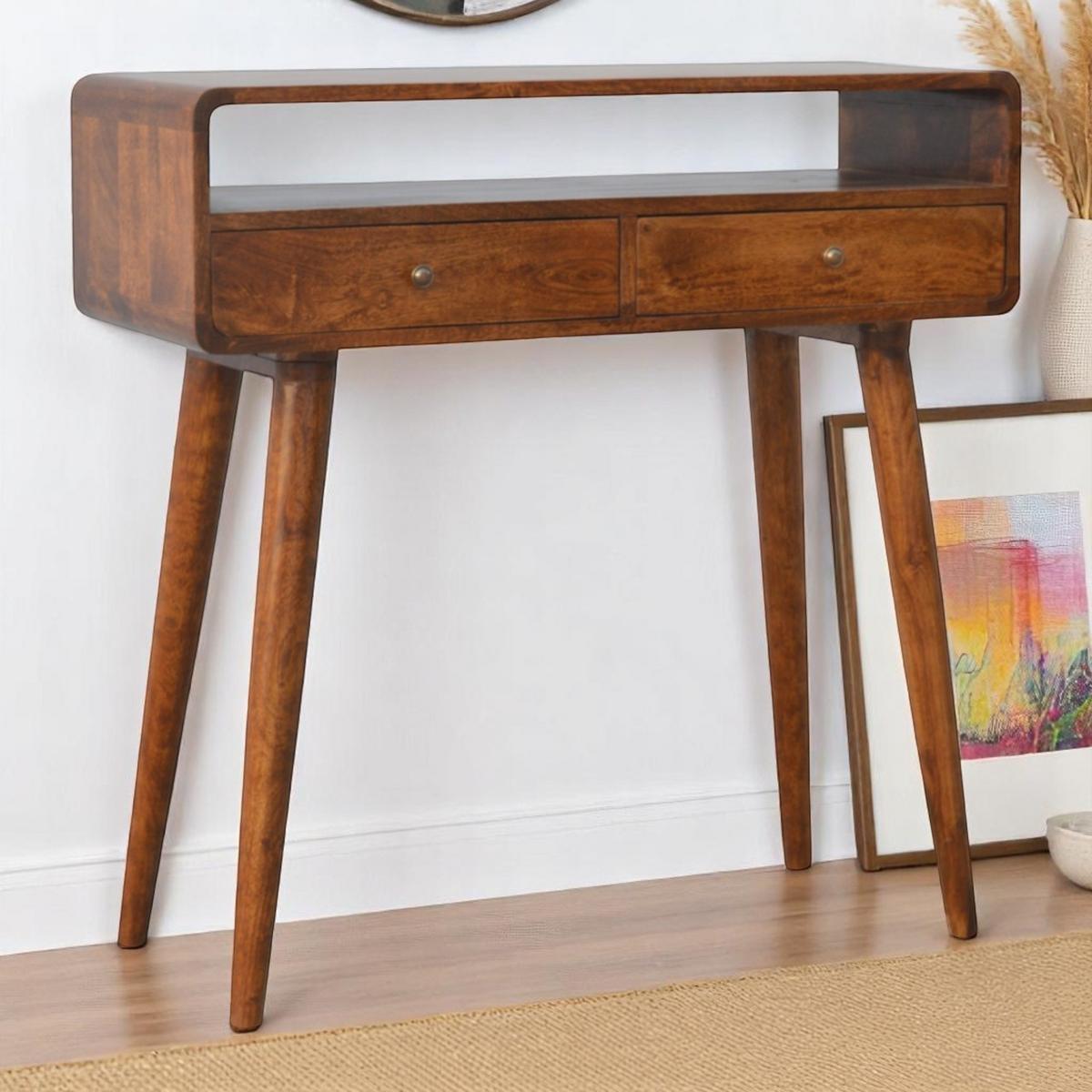GEKRÜMMTES KONSOLENTISCH im Kastanienholz-Finish, 2 Schubladen, 1 Offenes Fach, Beine im Nordischen Stil, Braun - Messingfarben/Braun, Holz/Metall (35/90/90cm) - Artisan Furniture