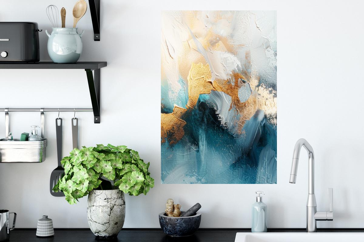 WANDTATTOO Abstrakt - Kunst - Gold - Blau Wandbild 40x60 cm - Petrol, Kunststoff (40/60/0.1cm) - MuchoWow