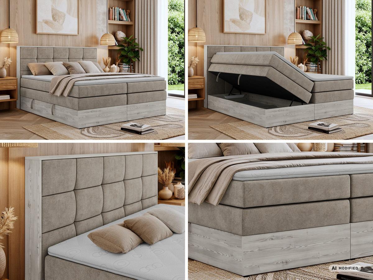 BOXSPRINGBETT ALNOR KING 140/200 - Greige Stukture - Topper Visco - H4 - Greige/Schwarz, Kunststoff/Textil (140/200cm) - MKS