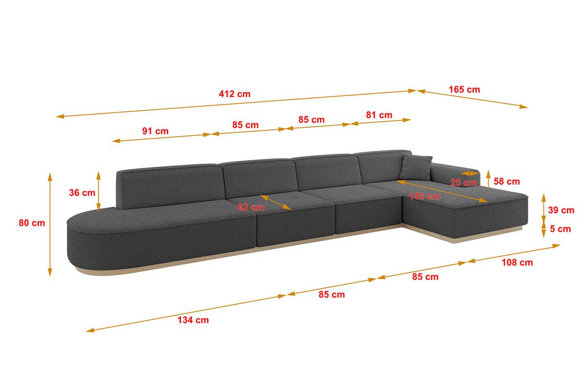 ECKSOFA Ottomane Rechts IREA-L3 - 412x165x80 cm Grau - Olivgrün, Holzwerkstoff/Textil (412/165cm) - ALTDECOR