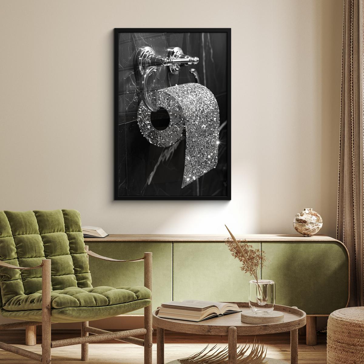 POSTER MIT RAHMENGERAHMTES BILD WC - Toilettenpapier - Schwarz und weiß - Glitter 60x90 cm - Silberfarben, Papier (60/90cm) - MuchoWow