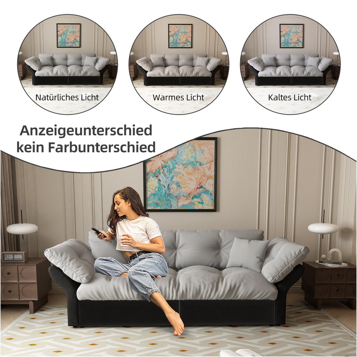 SCHLAFSOFA aus Velours im Tufting-Design, 3-in-1 Funktion und Queen-Size Bett - Hellgrau, Textil (190/91/85cm) - Urban Meuble