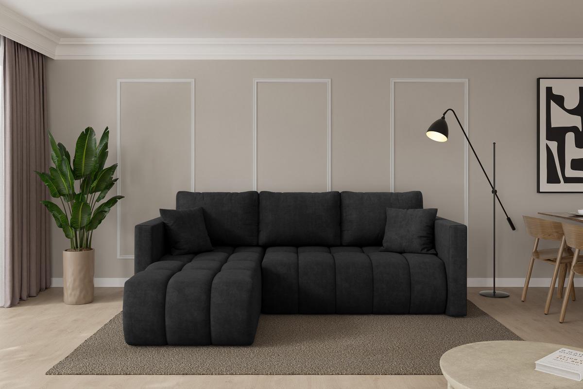 ECKSOFA mit Schlaffunktion Ottomane Links GARD-L 226x146x85 Schwarz Velours - Schwarz, Holzwerkstoff/Kunststoff (226/146cm) - ALTDECOR