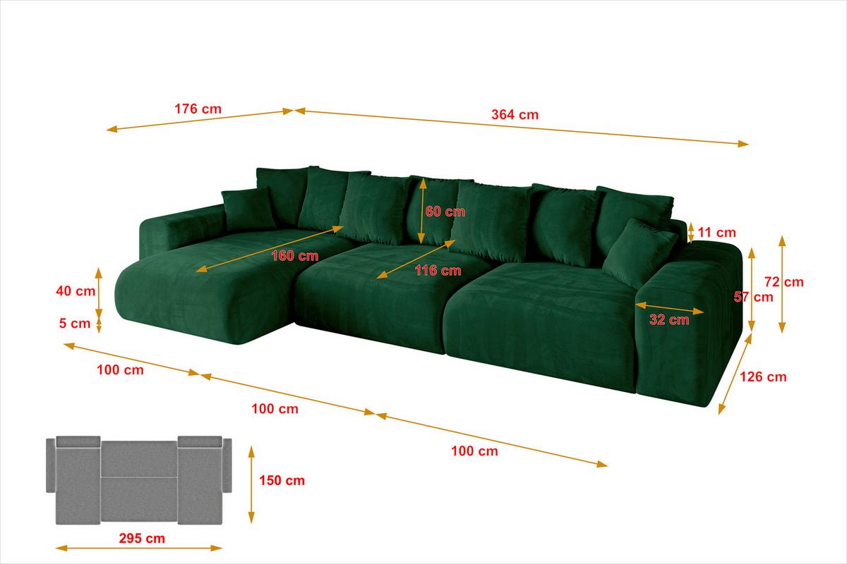 ECKSOFA Ottomane links ESKAR-L2 364x176x72 Dunkelgrün Cord - Dunkelgrün/Schwarz, Holzwerkstoff/Kunststoff (364/176cm) - ALTDECOR