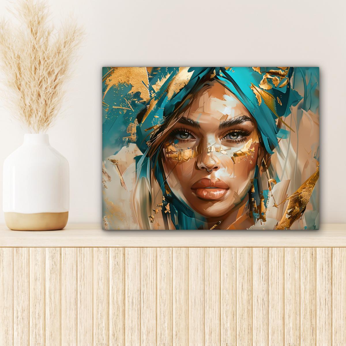 LEINWANDBILD Frau - Porträt - Gold - Luxus - Blau Wandbild 40x30 cm - Türkis, Textil (40/30cm) - MuchoWow