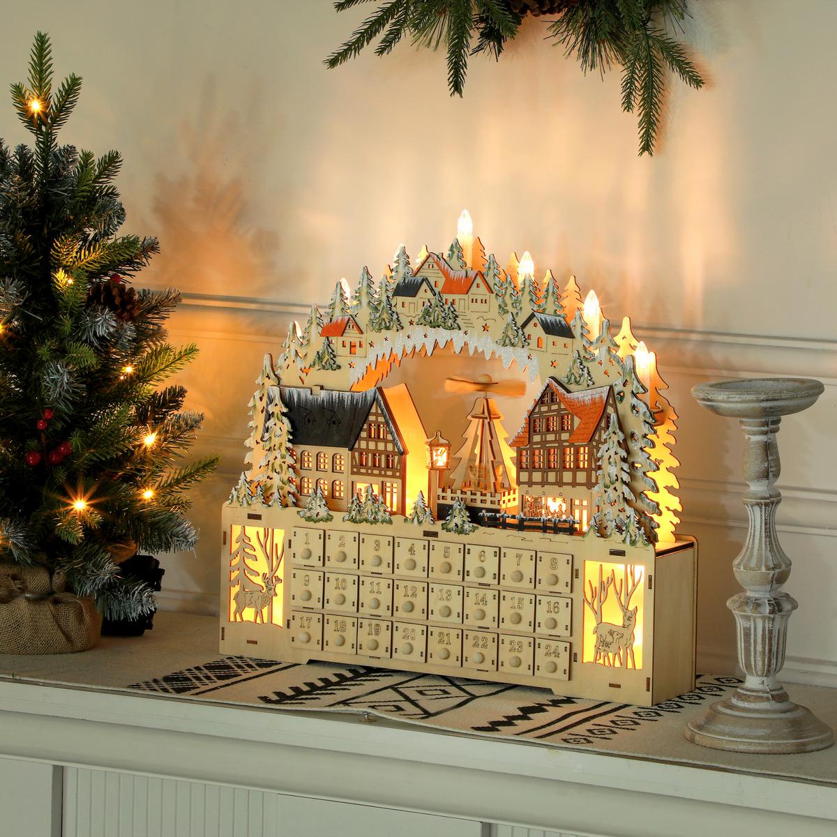 ADVENTSKALENDER Weihnachtskalender 24 Schubladen mit LED-Lichtern MDF Naturholz - Naturfarben, Kunststoff (9/42.5/45cm) - HOMCOM
