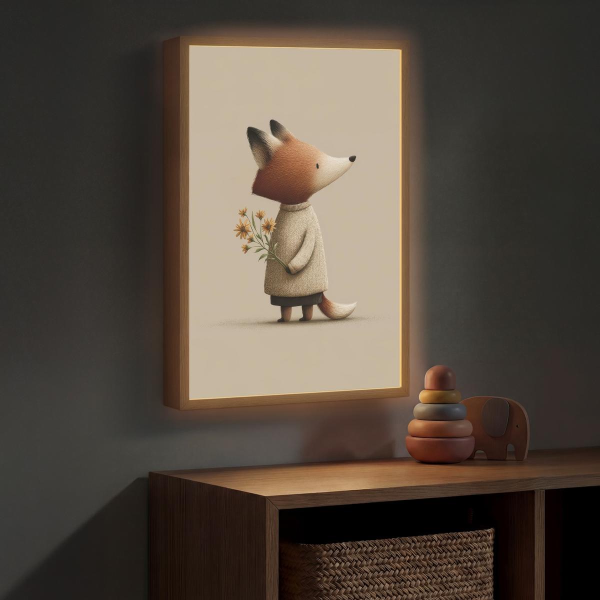 WANDLEUCHTE MIT AKKU Fuchs - Gelbe Blumen - Minimalistisch 40x60 cm - Taupe, Holzwerkstoff (40/60/8cm) - OnlyWow