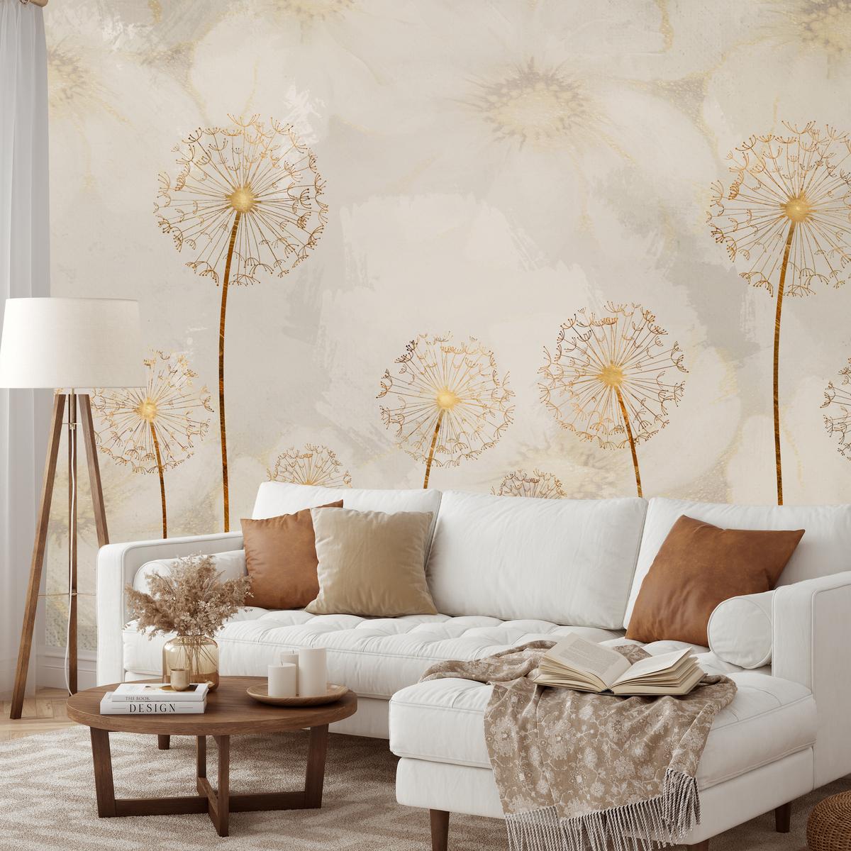 FOTOTAPETE für Schlafzimmer Goldene Löwenzahn Aquarell Blumen 400x280 - Gelb/Beige, Papier (400/280cm) - Muralo