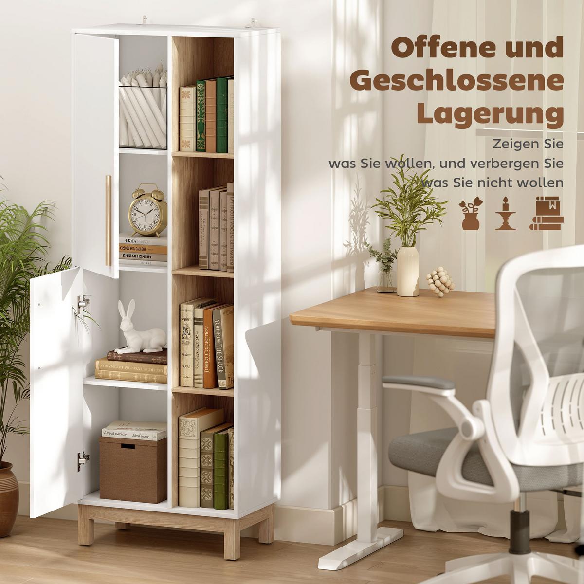 BÜCHERREGAL mit 2 Türen Standregal mit 4 Offenen Ebenen Verstellbaren Ablagen - Multicolor/Weiß, Holzwerkstoff (35/176/62.5cm) - HOMCOM