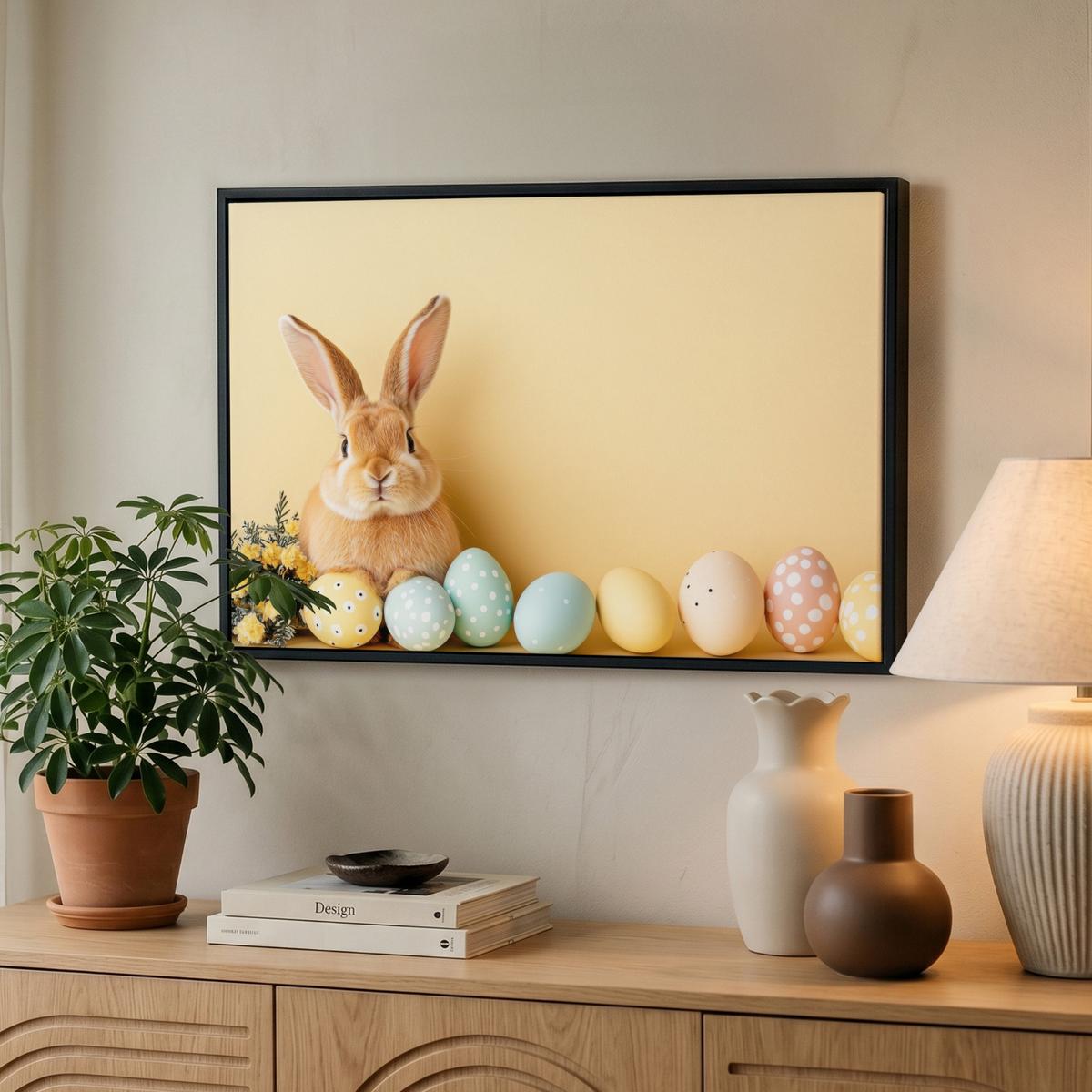 LEINWAND Bilder mit Rahmen - Eier - Kaninchen - Pastellfarbtöne - 60x40 - Hellgelb, Textil (60/40cm) - MuchoWow