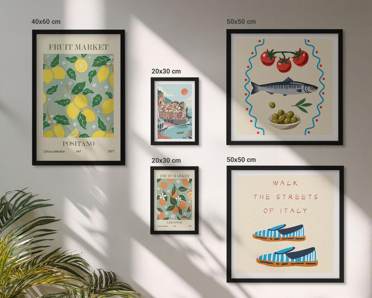BILDER SET 5er Set - 50x50 cm & 20x30 cm & 40x60 cm Schwarzer Rahmen - Italienische Poster mit Fruchtmotiven - Schwarz, Kunststoff (40/60cm) - TULUP