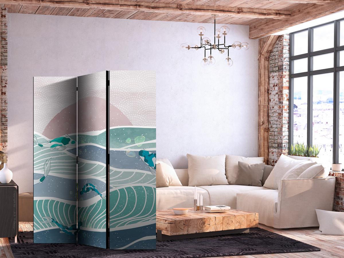PARAVENT Akustik 3-tlg 135x172 cm Fische und Wellen Boho - Multicolor, Holz/Textil (135/172/3cm) - Muralo