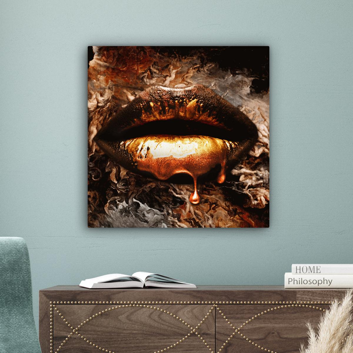LEINWANDBILD Gold - Lippen - Kunst - Gold - Luxus - Abstrakt Wandbild Wohnzimmer 50x50 cm - Kupferfarben, Textil (50/50cm) - MuchoWow