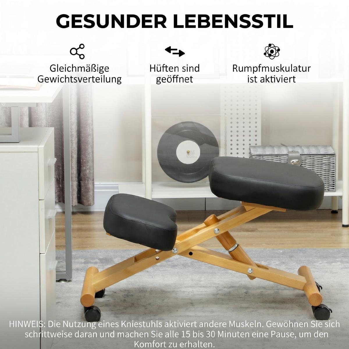 KNIESTUHL Kunstleder Gummibaumholz Schwarz - Schwarz, Holz (42/47/70cm) - HOMCOM