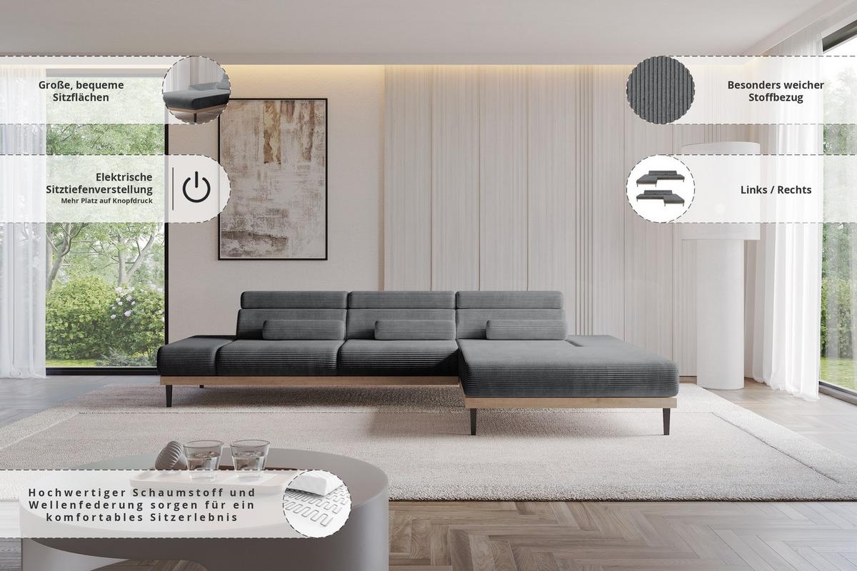 ELEKTRISCHES ECKSOFA Rechts MONA 316x205x85 Dunkelgrau Cord - Dunkelgrau, Holzwerkstoff/Textil (316/205cm) - ALTDECOR