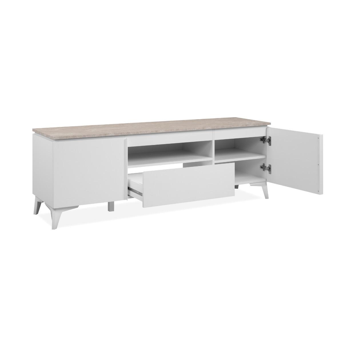 TV-MÖBEL mit 2 Türen 1 Schublade und 1 offenem Fach Dekor Travertin und Weiß 150/40/51 cm - Weiß, Holzwerkstoff (40/51/150cm) - Calicosy