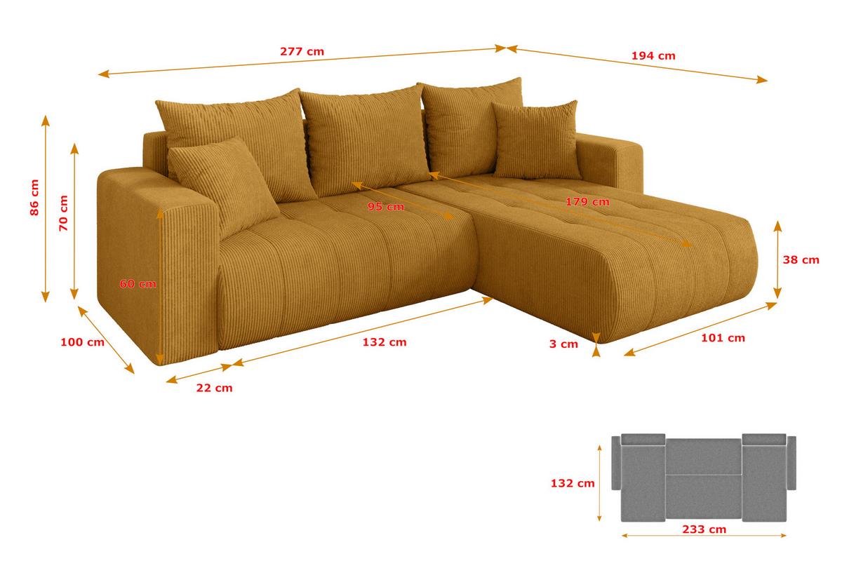 ECKSOFA mit Schlaffunktion Ottomane Rechts MILA-L 277x194x86 Senfgelb Cord - Dunkelgelb/Schwarz, Holzwerkstoff/Kunststoff (277/194cm) - ALTDECOR