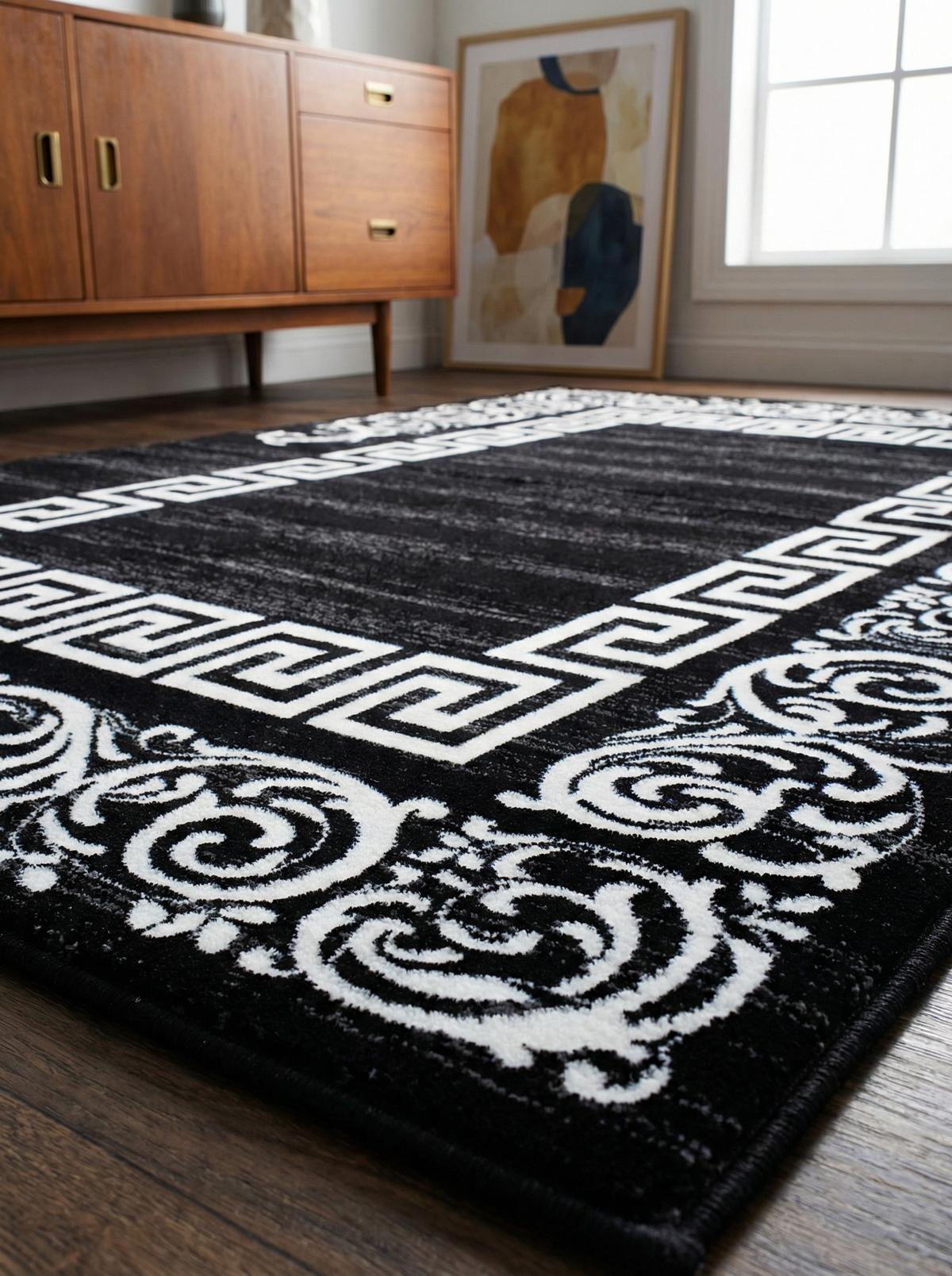 TEPPICH Kurzflor ASPEN in Schwarz, mit Mäander-Muster, 80 x 150 cm - Schwarz, Textil (150/80cm) - KADIMA DESIGN
