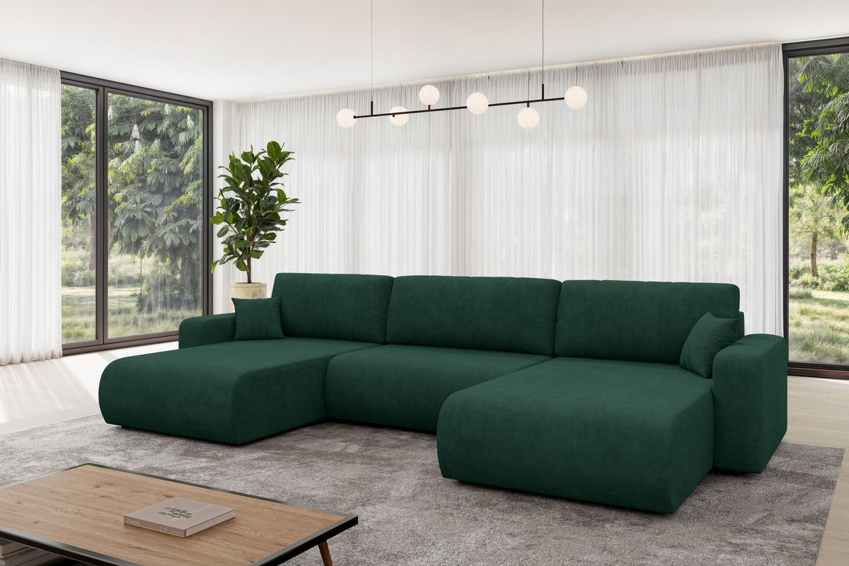 WOHNLANDSCHAFT mit Schlaffunktion und Bettkasten BERY-U 377x193x88 Grün Velours - Schwarz/Grün, Holzwerkstoff/Kunststoff (377/88/193cm) - ALTDECOR