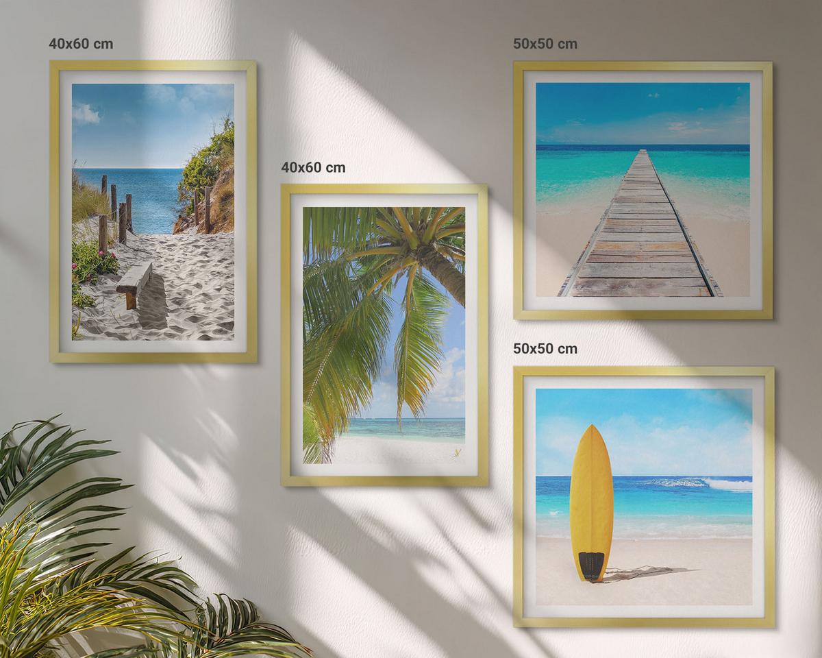 BILDER SET 4er Set - 50x50 cm & 40x60 cm Goldrahmen - Urlaubsblick Strand Palmen - Goldfarben, Kunststoff (50/50cm) - TULUP