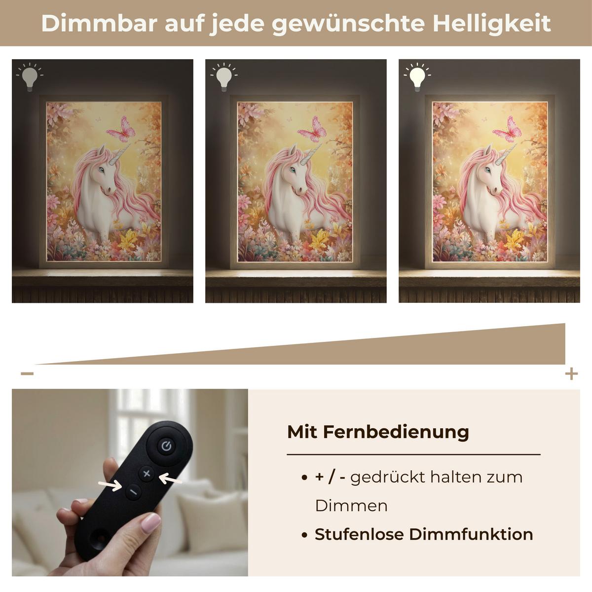 WANDLEUCHTE MIT AKKU Einhorn - Blumen - Schmetterling - Rosa 30x40 cm - Beige, Holzwerkstoff (30/40/8cm) - OnlyWow