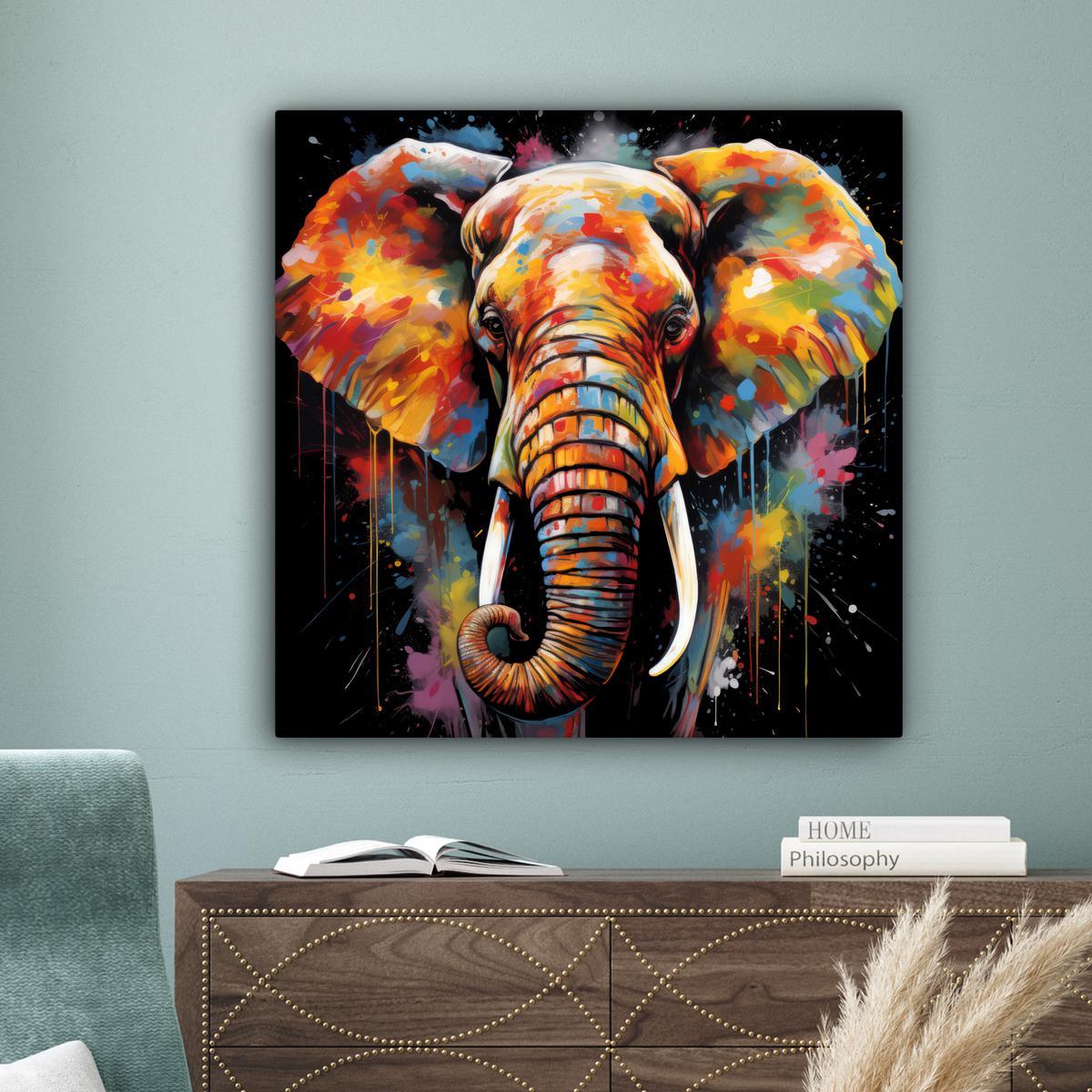 LEINWANDBILD Elefant - Graffiti - Schwarz - Tiere - Farben Deko Groß 90x90 cm - Schwarz, Textil (90/90cm) - MuchoWow