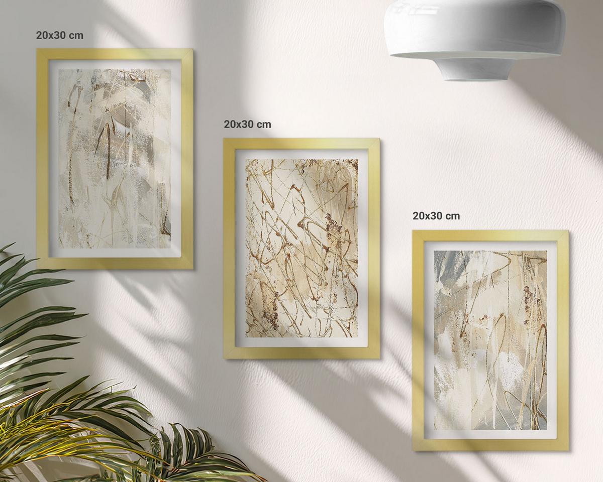 BILDER SET 3er Set - 20x30 cm Goldrahmen - Abstrakte Muster in Beige und Grau - Goldfarben, Kunststoff (20/30cm) - TULUP