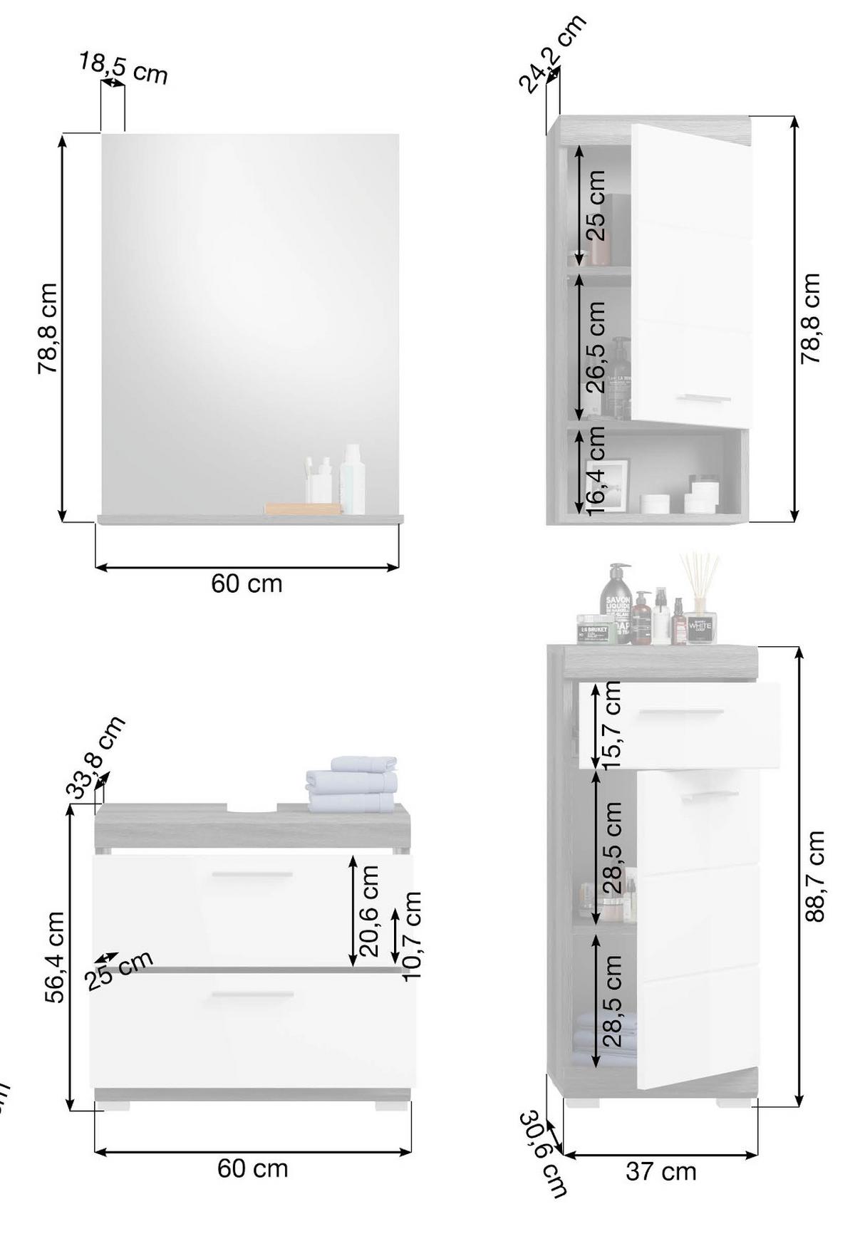 BADMÖBEL-SET weiß Hochglanz, grau 4-teilig 112 cm, Kombination mit viel Stauraum - Weiß Hochglanz/Grau, Holzwerkstoff (112/191/34cm) - Inn.Furn