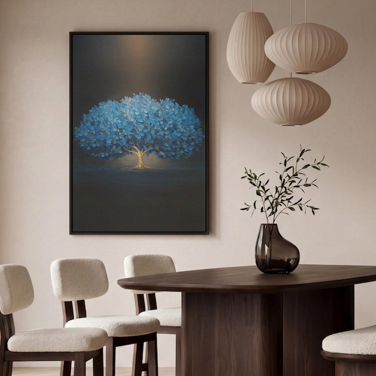LEINWAND Bilder mit Rahmen - Baum - Blau - Blätter - Pinselstriche - 90x140 - Blau, Textil (90/140cm) - MuchoWow