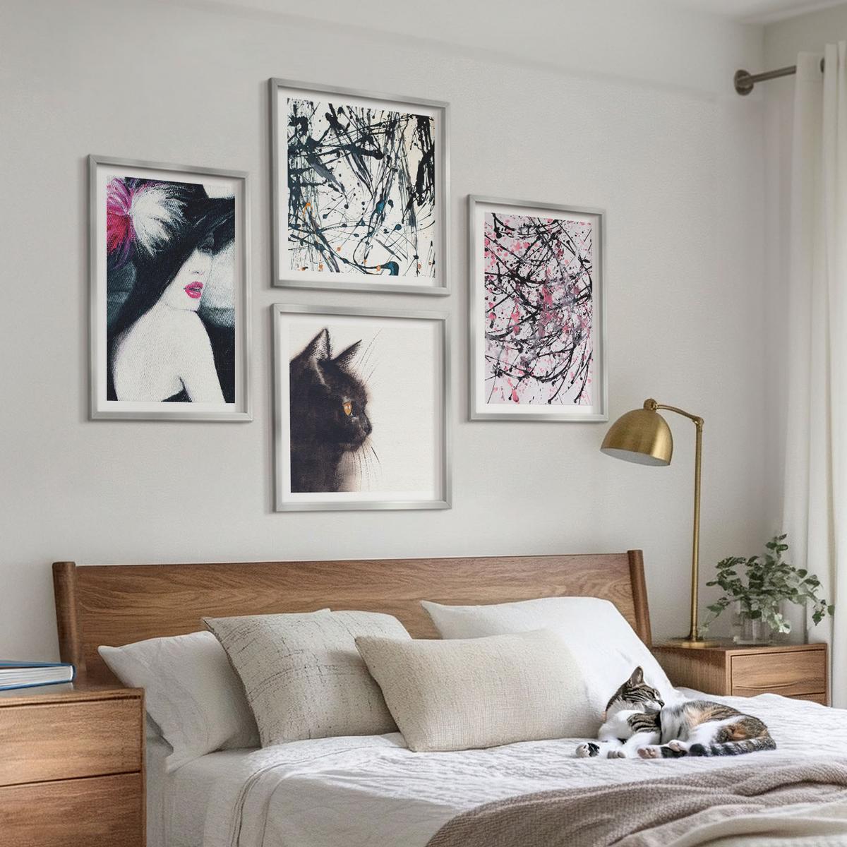 BILDER SET 4er Set - 50x50 cm & 40x60 cm Silberner Rahmen - Abstrakte Katzenmalereien - Silberfarben, Kunststoff (50/50cm) - TULUP