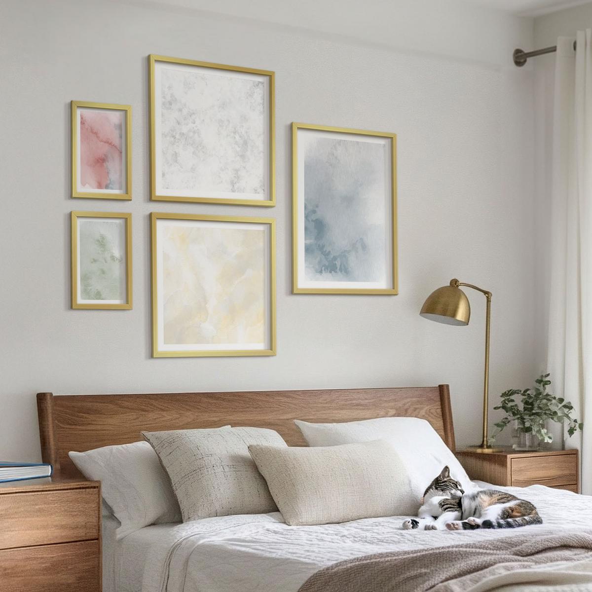 BILDER SET 5er Set - 50x50 cm & 20x30 cm & 40x60 cm Goldrahmen - Aquarellfarben in Pastellfarben - Goldfarben, Kunststoff (40/60cm) - TULUP