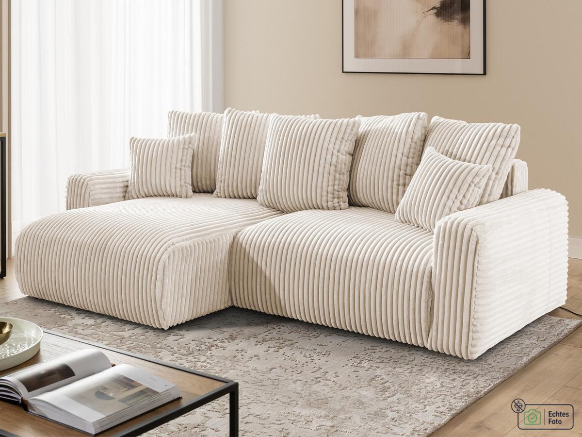 ECKSOFA Calma mit Schlaffunktion und Bettkasten im Bumpy-Design aus weichem Creme Plüschcord - Ottomane links - Creme/Schwarz, Holz/Kunststoff (239/140cm) - S-Style