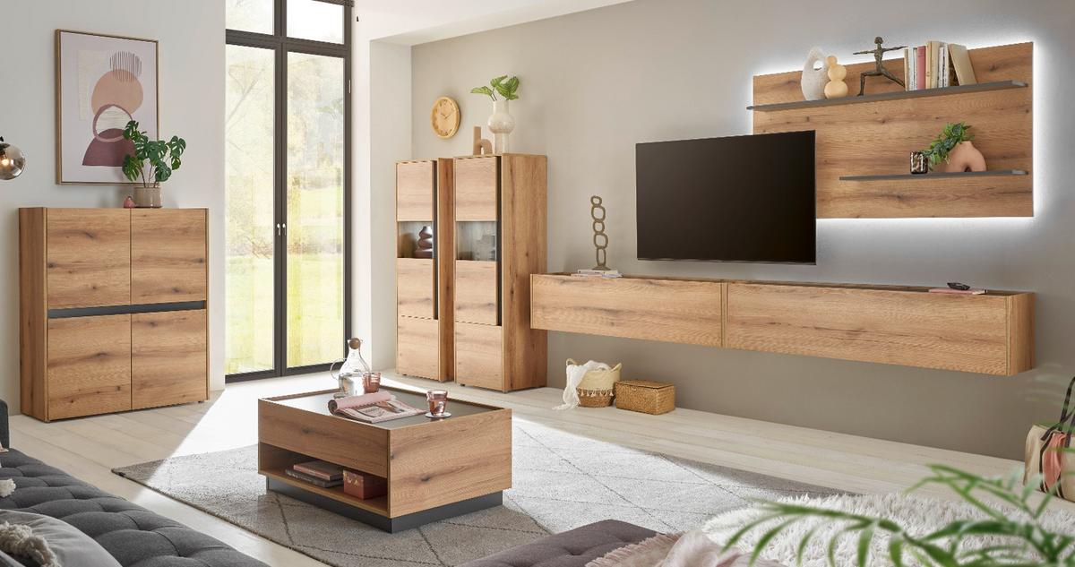 VITRINE Eiche Evoke 50 x 155 cm, Vitrinenschrank 2-türig mit 4 Fächern - Eichefarben/Schwarz, Glas/Holzwerkstoff (50/155/40cm) - Furn.Design