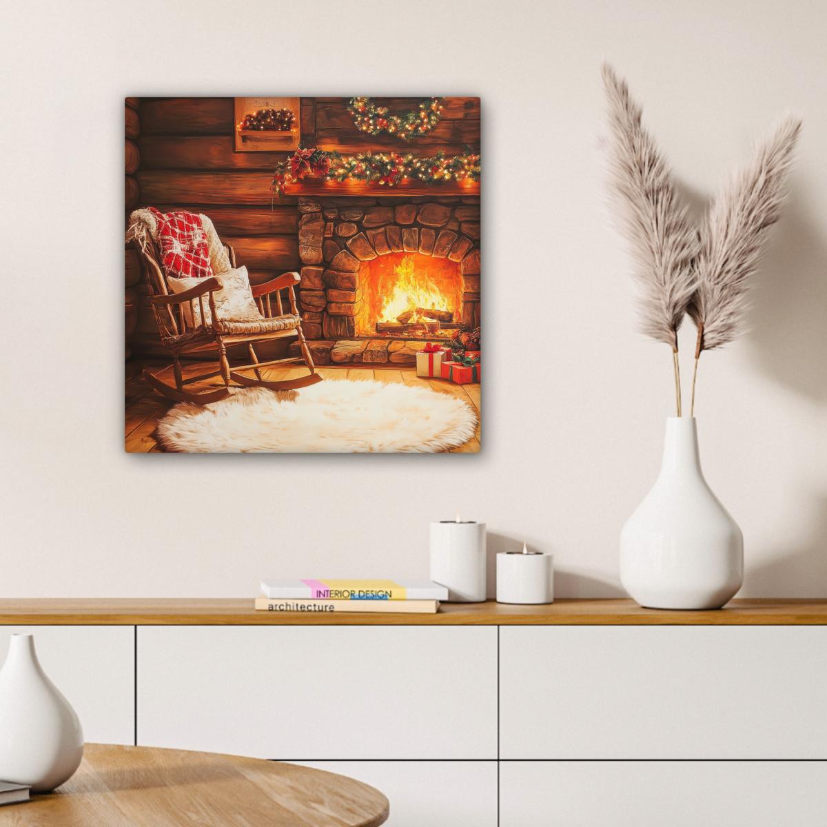 LEINWANDBILD Winter - Weihnachten - Zuhause - Kamin Wandbild Wohnzimmer 50x50 cm - Bernsteinfarben, Textil (50/50cm) - MuchoWow