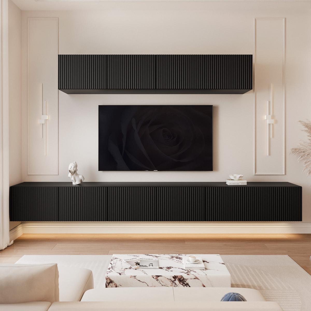 WOHNWAND ANGEL IV Schwarz hängend mit LED-Beleuchtung 300 cm - Schwarz, Holzwerkstoff (300/36/40cm) - Idohome