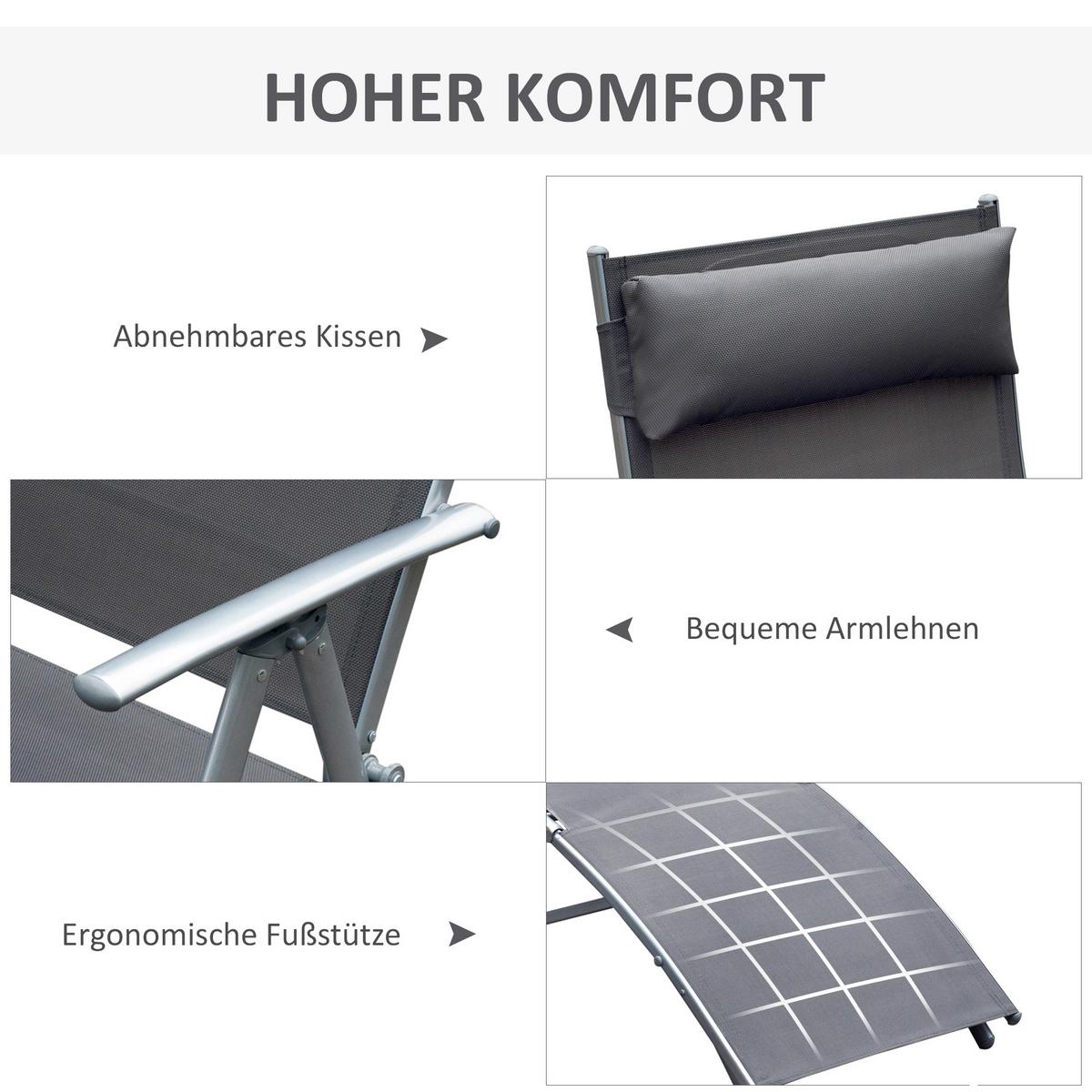 SONNENLIEGE, klappbar, mit Kissen, 137 x 63,5 x 100,5 cm, Metall, Stoff, Grau - Grau, Kunststoff (63.5/100.5/137cm) - Outsunny