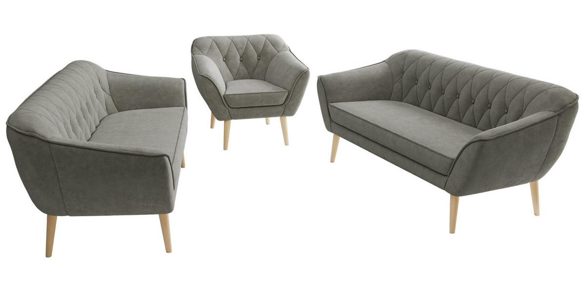 SITZGARNITUR PIRS 3+3+1 - Grau Strukture - Holzbeine - Platinfarben/Buchefarben, Holzwerkstoff/Textil (180/75/74cm) - MKS