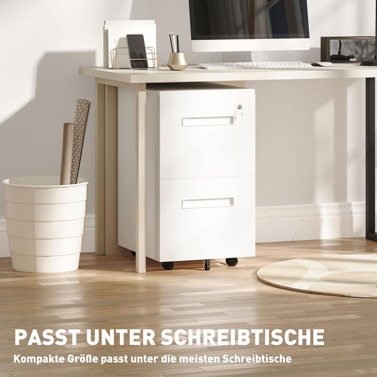 AKTENSCHRANK mit 2 Schubladen, Rollen, für Akten im A4 Format, Stahl, Weiß - Weiß, Metall (48/67/39cm) - Vinsetto