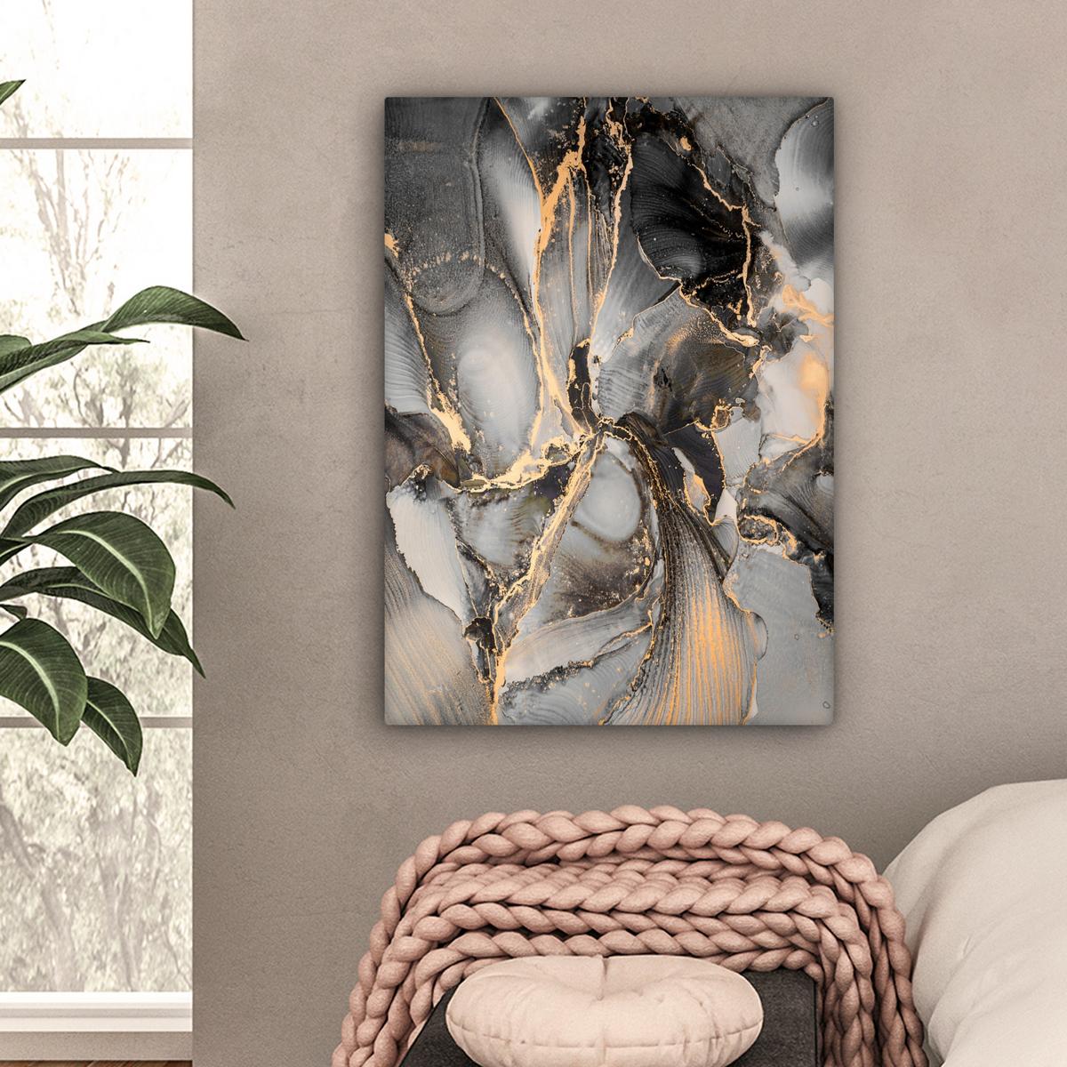 LEINWANDBILD Grau - Luxus - Gold - Marmor Wandbild Wohnzimmer 60x80 cm - Dunkelgrau, Textil (60/80cm) - MuchoWow