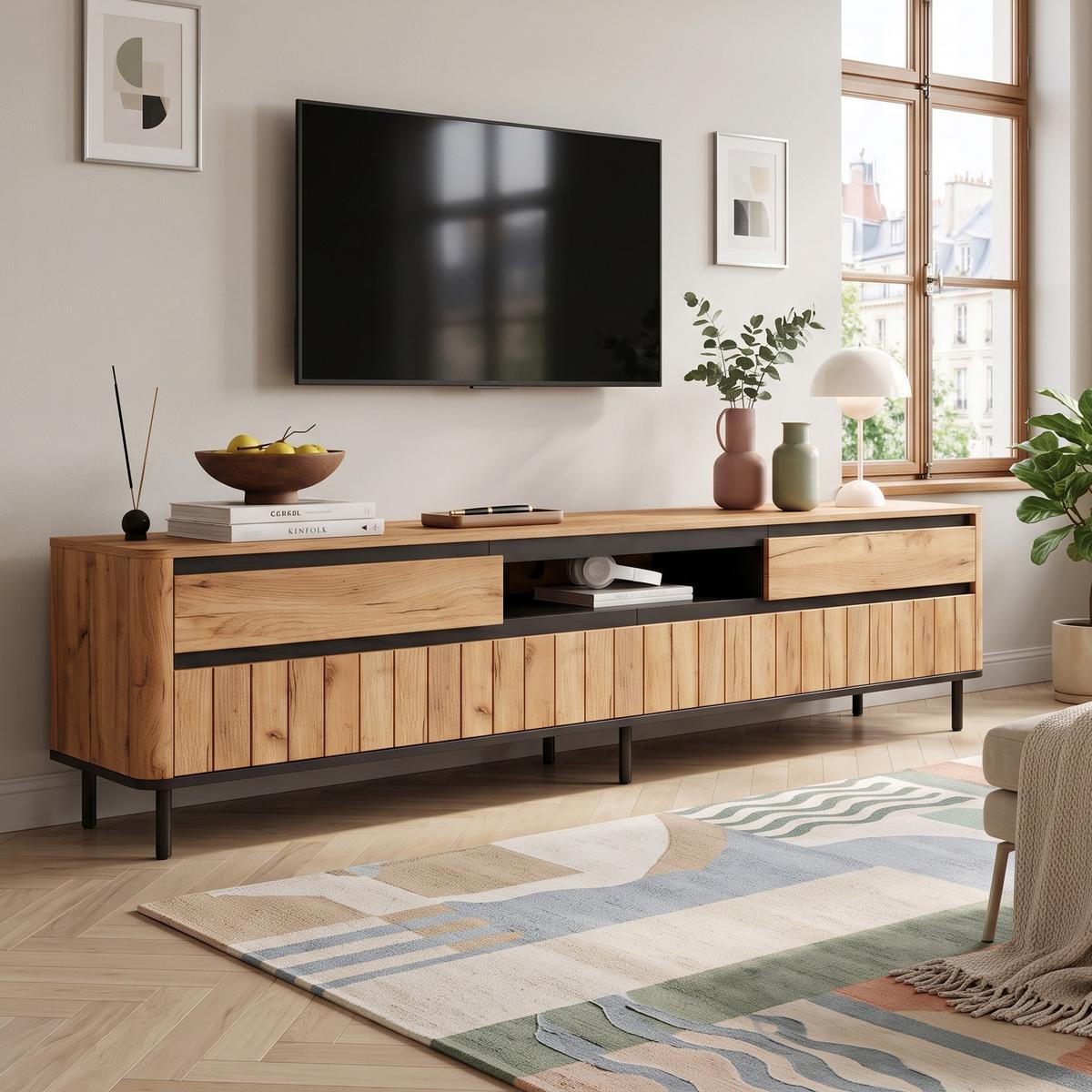 TV-LOWBOARD 180cm Naturholz & Schwarz mit 2 Schubladen & 2 Klapptüren - Schwarz/Naturfarben, Holzwerkstoff (180/52/40cm) - Urban Meuble