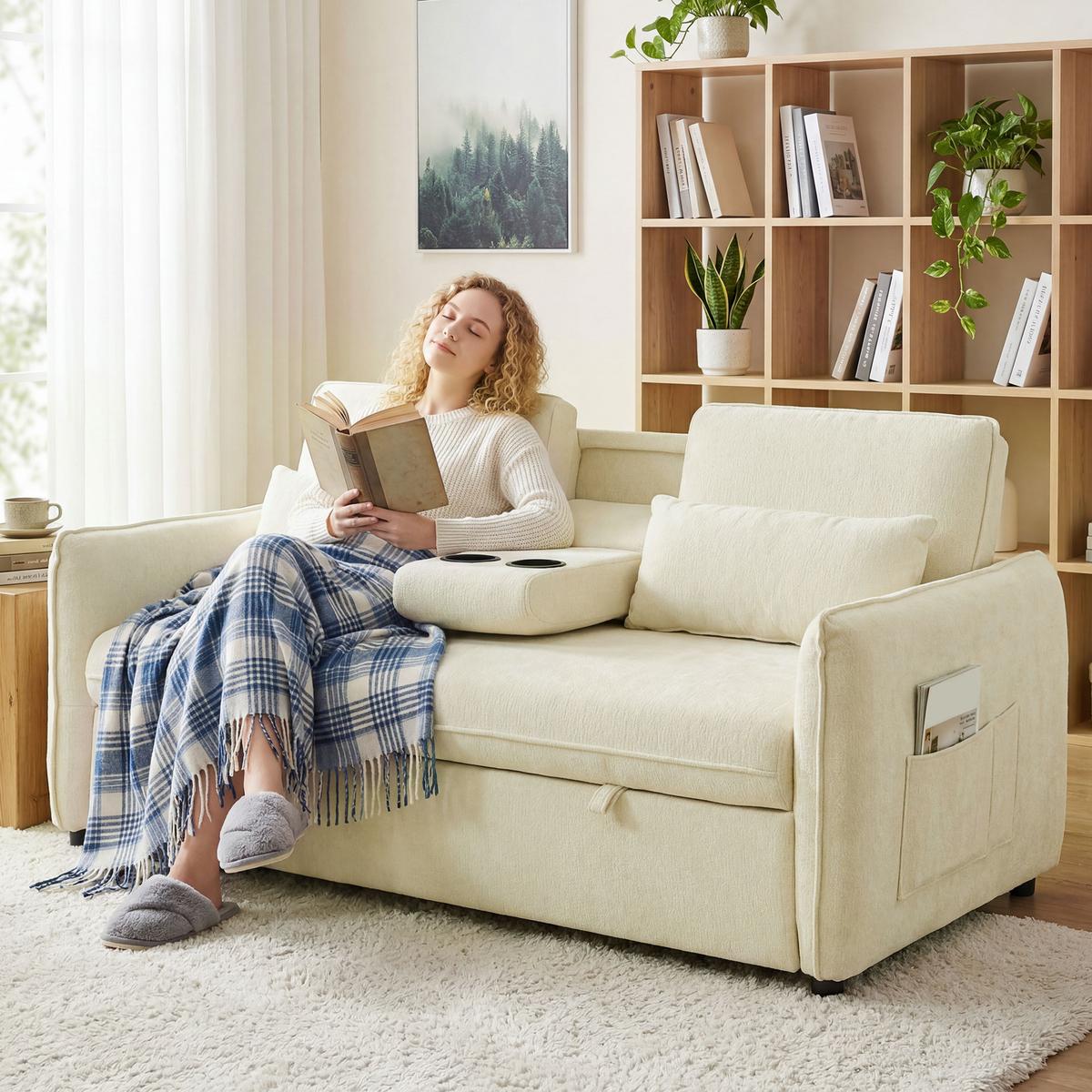SCHLAFSOFA Chenille Beige - Beige/Schwarz, Holz/Kunststoff (90/84/166cm) - HOMCOM