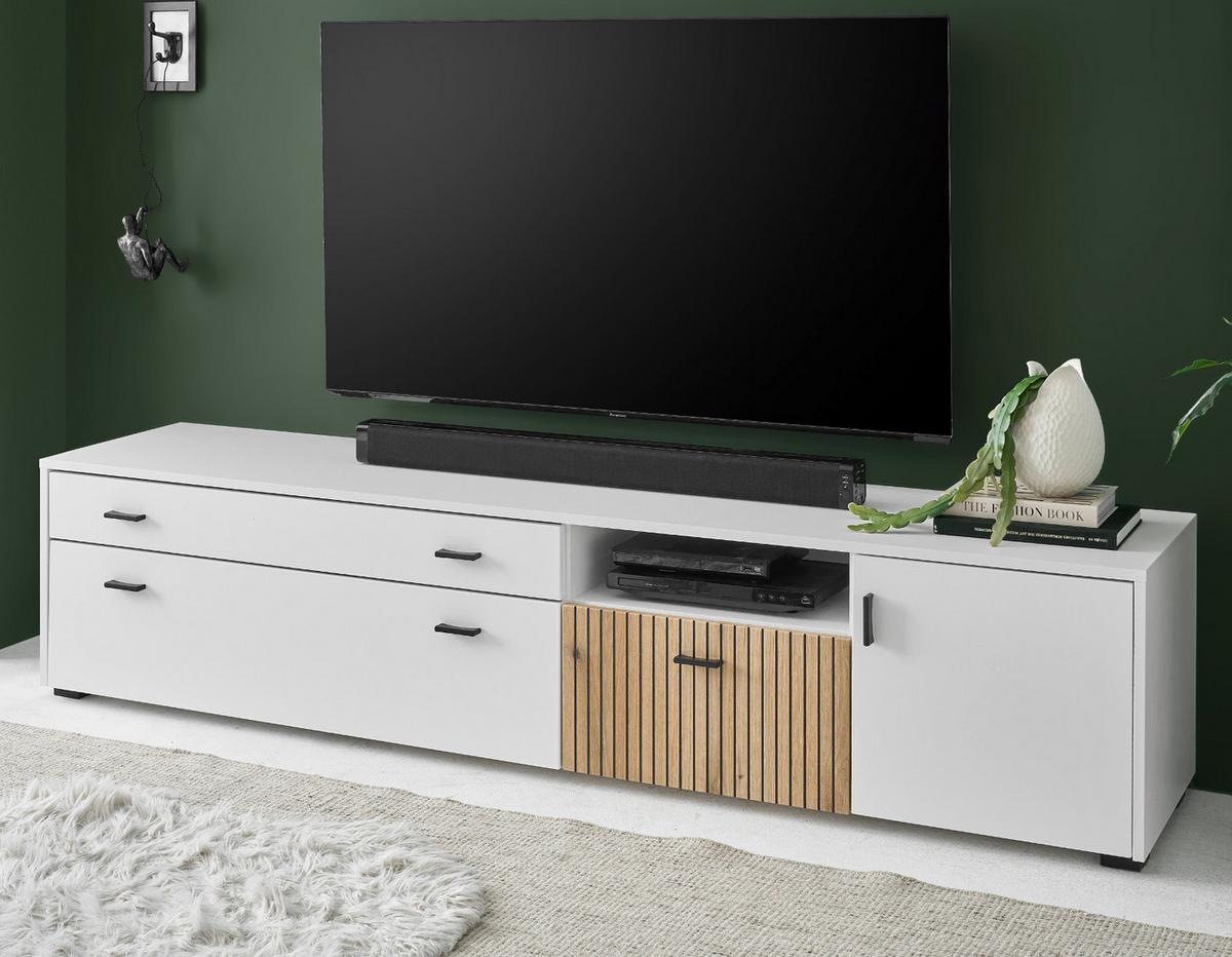 TV-LOWBOARD weiß matt, Eiche 200 cm, Flat-TV Unterschrank mit Soft-Close - Eichefarben/Schwarz, Holzwerkstoff/Kunststoff (200/44/42cm) - Furn.Design