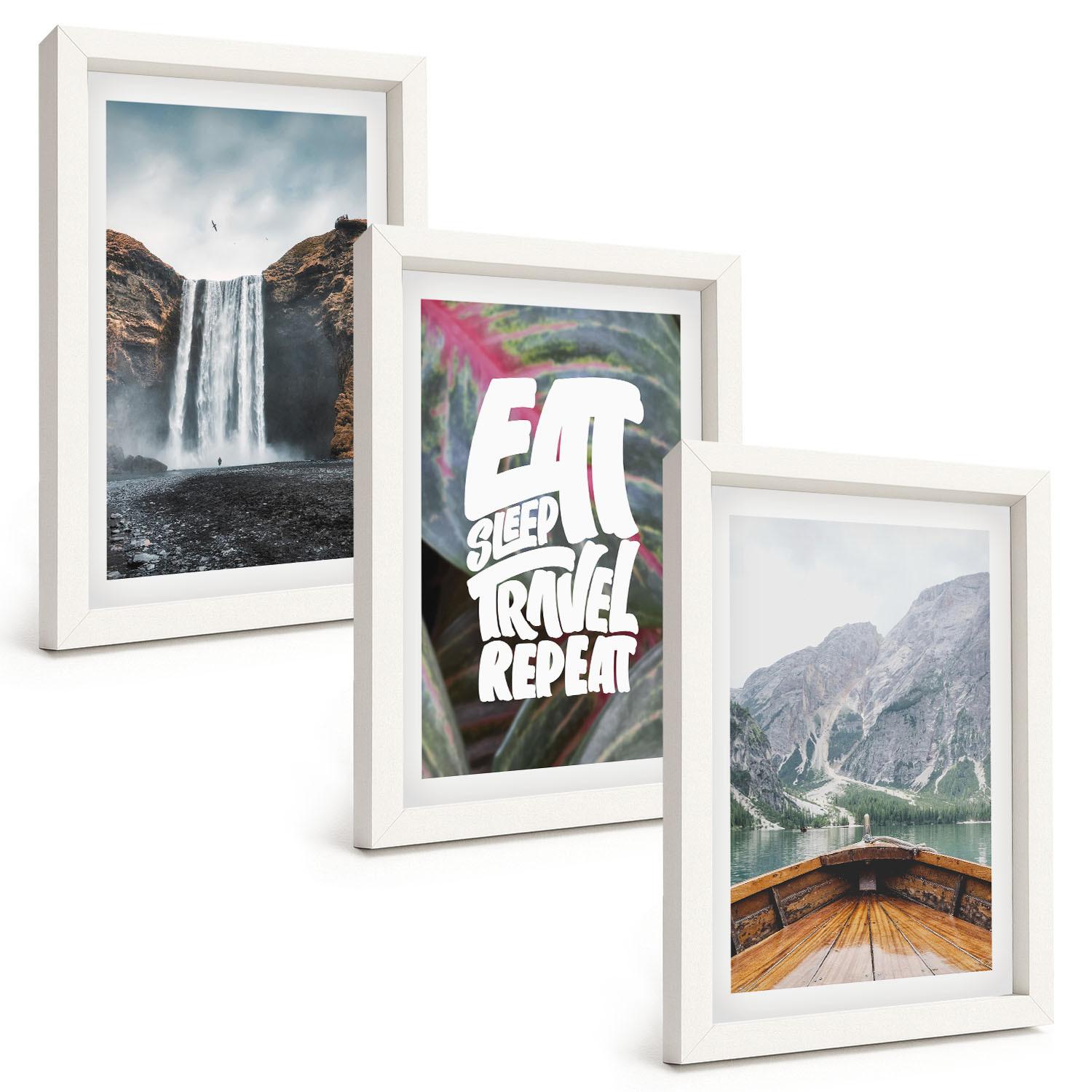 BILDER SET 3er Set - 20x30 cm Weißer Rahmen - Wasserfall Berge Natur Boot - Weiß, Kunststoff (20/30cm) - TULUP